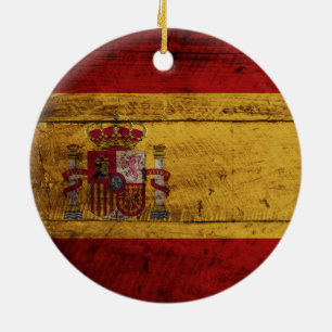 Spanien flagga på gammalt Wood korn Julgransprydnad Keramik