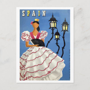 Spanien, illustration,flicka i folkdräkt och lampo vykort