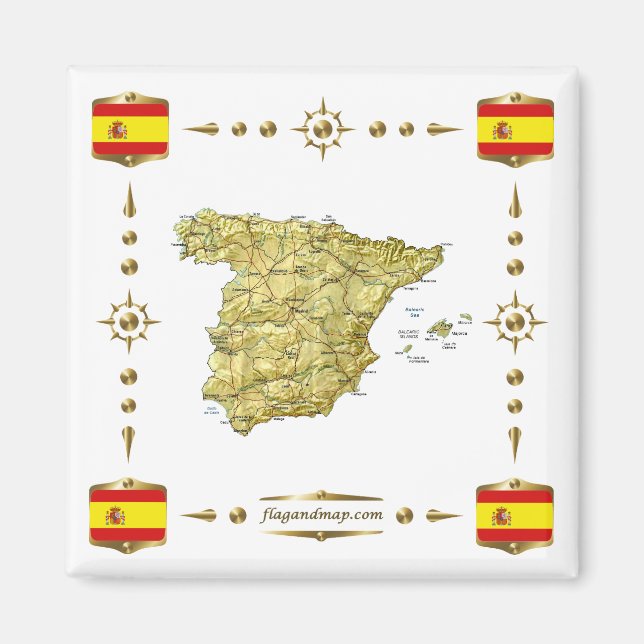 Spanien Karta + Flaggor Magnet (Framsidan)