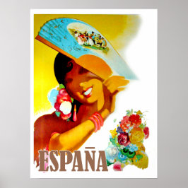 Spanien, kvinna bakom solfjäder, vintage reseposte poster