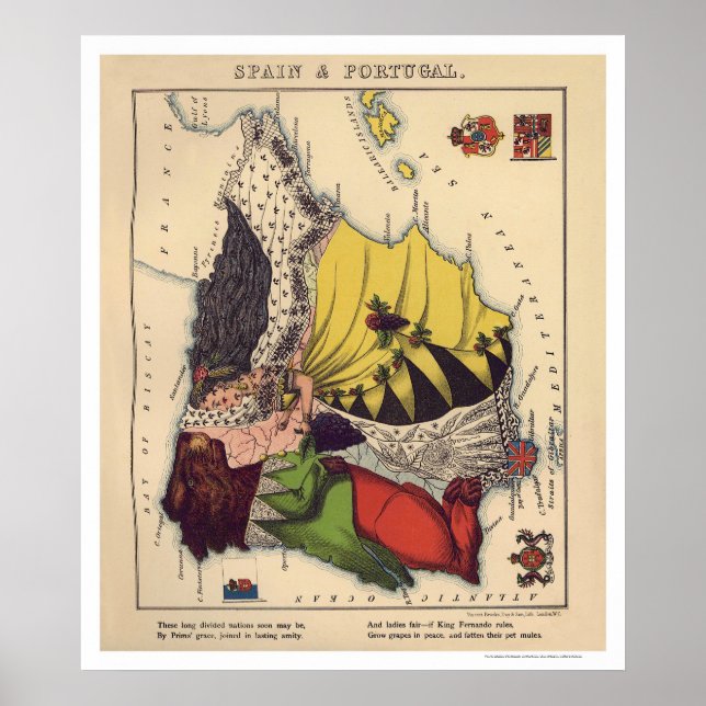 Spanien och Portugal, Caricature Karta 1868 Poster (Framsidan)