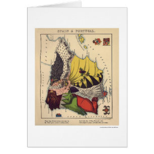 Spanien & Portugal karikatyrkarta 1868 Hälsningskort