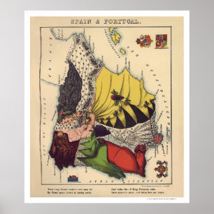 Spanien & Portugal karikatyrkarta 1868 Poster