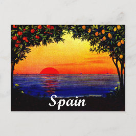 Spanien, romantisk sommarsolnedgång på stranden, v vykort