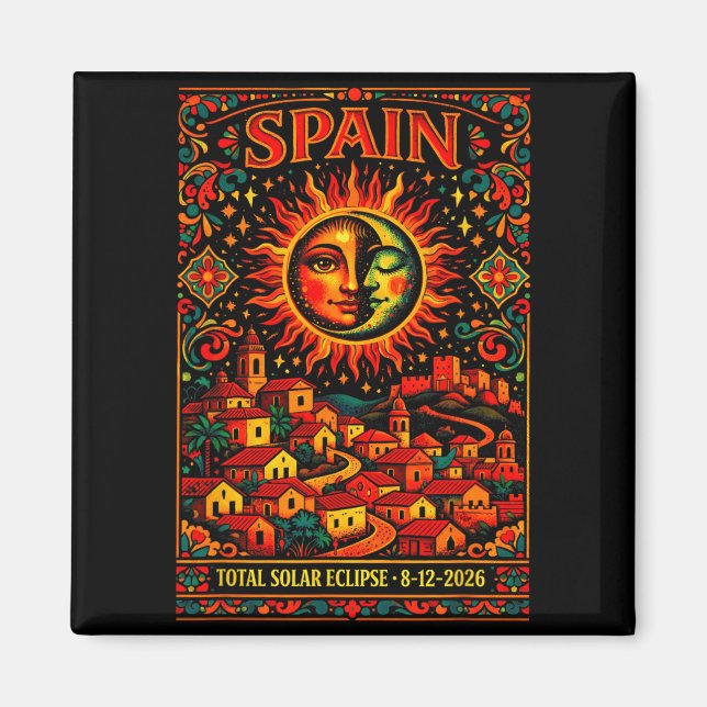 Spanien Total Solförmörkelse 2026 Folklig Konst Magnet (Framsidan)