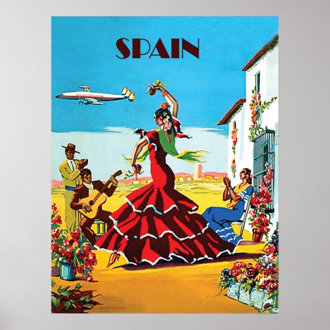 Spanien, traditionell dans och musik, vintage flyg poster (Framsidan)