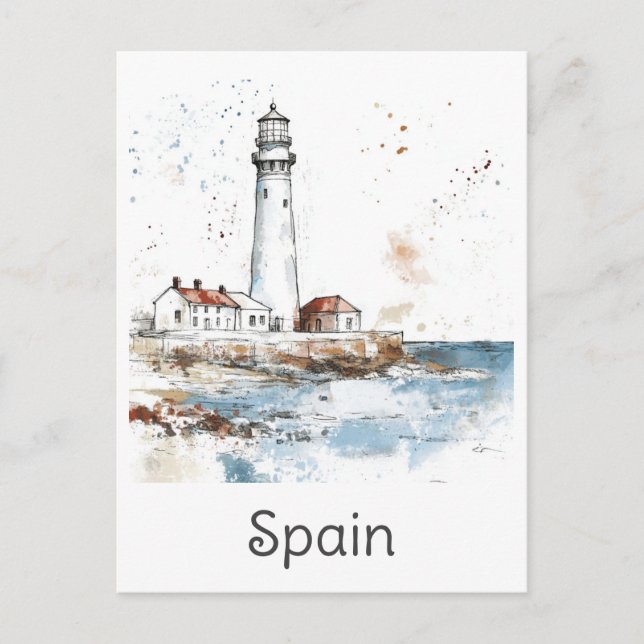 Spaniens fyr Kusten Watercolor Spain Travel Vykort (Framsida)