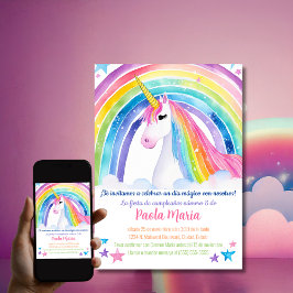 Spaniens Rainbow Unicorn Födelsedagsfest for Girls Inbjudningar