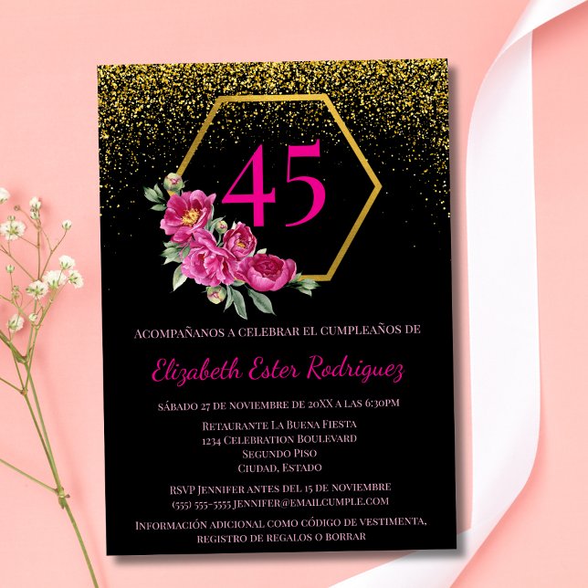 Spaniens unika Svarta och Guld-Rosa 45:e födelseda Inbjudningar (Skapare uppladdad)