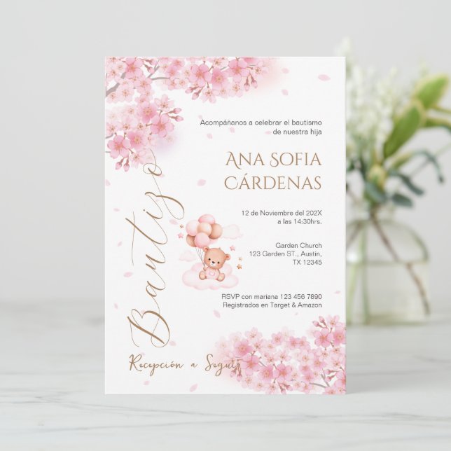 Spanish Baptism Girl invitation pink Inbjudningar (Stående Fram)