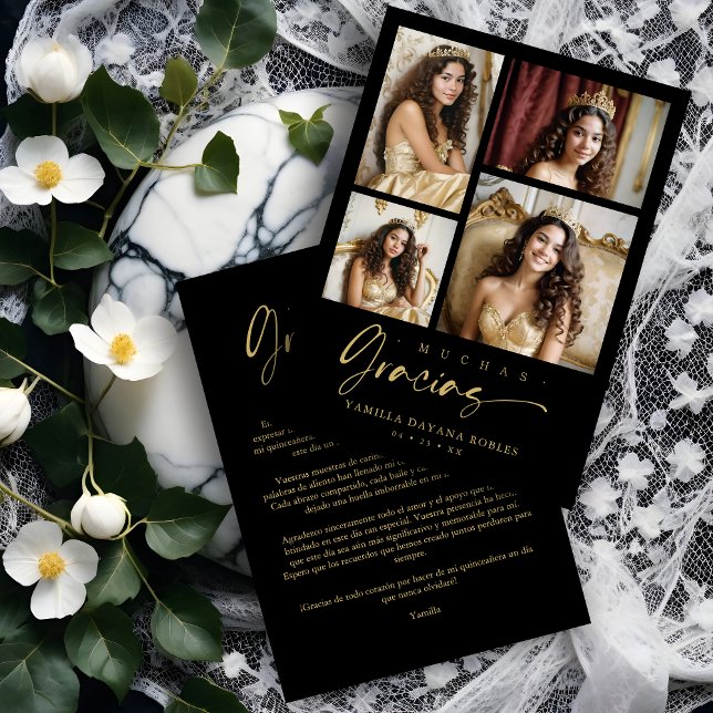 Spanish Black Trendy Quinceañera Collage 4 Photos Tack Kort (Spanish Black Trendy Quinceañera Collage 4 Photos Thank You Card.)