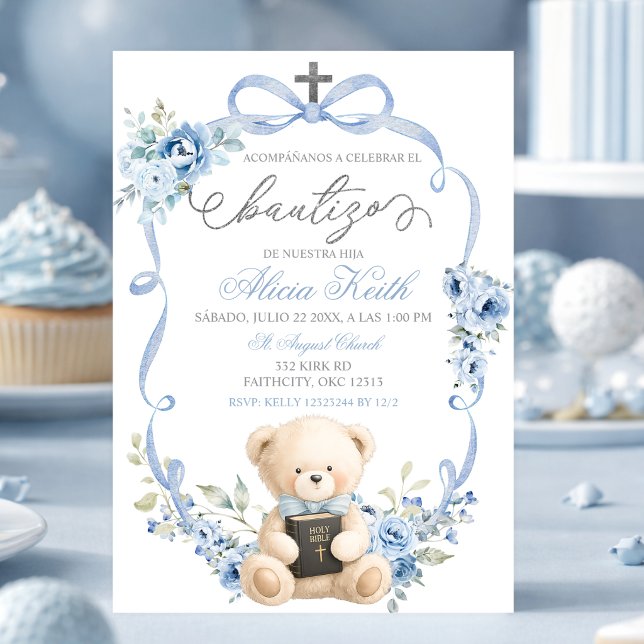 Spanish Blue Bear Baptism Bow Coquette Invitation Inbjudningar (Skapare uppladdad)