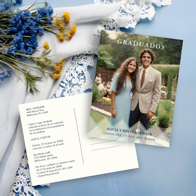 Spanish Blue Shades Overlay Vellum Shapes Photo Vykort (Spanish Blue Shades Overlay Transparency Shapes Photo Graduates Postcard Invitation.)