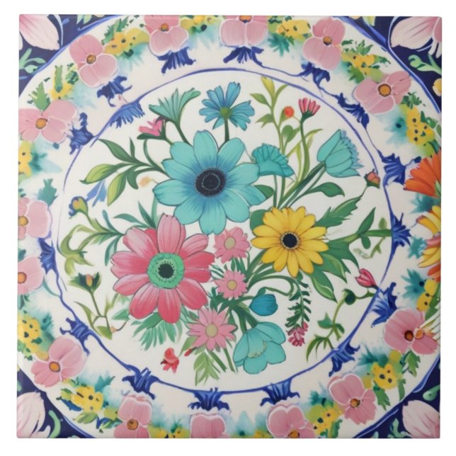 Spanish Colorful Vibrant Flowers Pink Blue Floral Kakelplatta (Framsidan)