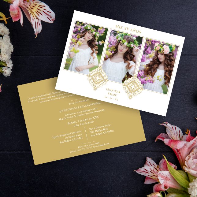 Spanish Cute Luxurious Flourish Gold Ornament Inbjudningar (Spanish Cute Luxurious Flourish Gold Ornament XV Años Invitation Card.)