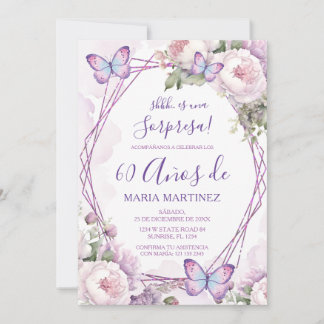 Spanish Dusty Purple Floral Sorpresa 60th Birthday Inbjudningar