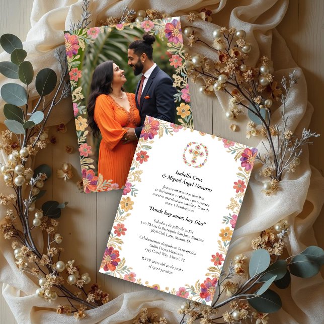 Spanish Elegant Floral Garland Traditional Mexican Inbjudningar (Spanish Elegant Floral Garland Traditional Mexican Embroidery Inspired Wedding Invitation Cards.)
