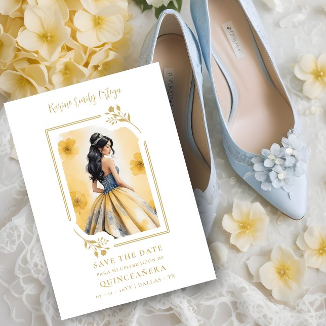 Spanish Elegant Quinceañera Yellow Doll Frame Spara Datumet (Spanish Elegant Quinceañera in Yellow Doll Floral with a Frame Save the Date Card. )