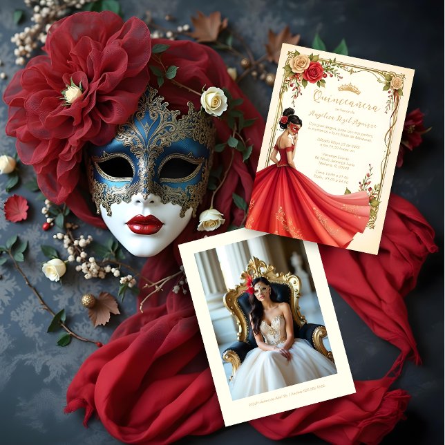 Spanish Exquisite Chic Quinceañera Masquerade Ball Inbjudningar (Spanish Exquisite Elegant Quinceañera Masquerade Ball Golden Effect Invitation Cards.)