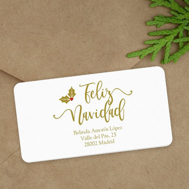 Spanish Feliz Navidad Golden Whimsical Typography Adressetikett (Skapare uppladdad)