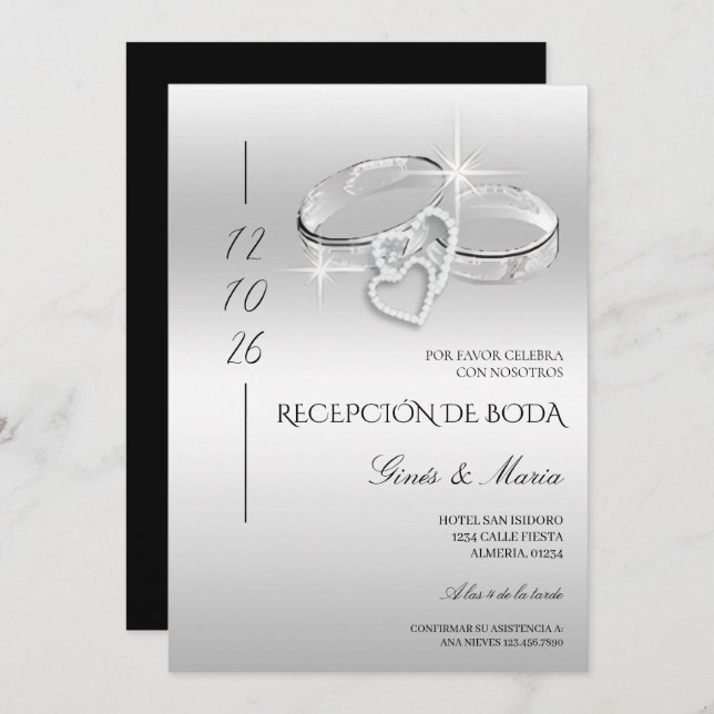 Spanish Glitzy Silver Wedding Rings Reception Inbjudningar (Fram/baksida)