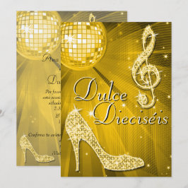 Spanish Gold Disco Ball & Sparkle Heels Sweet 16 Inbjudningar