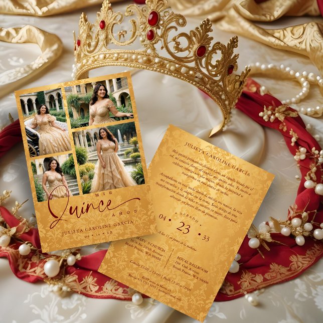 Spanish Golden & Dark Red Trendy XVs Collage 4  Inbjudningar (Spanish Golden & Dark Red Trendy Quinceañera Collage 4 Multi Photos Invitations Cards. )