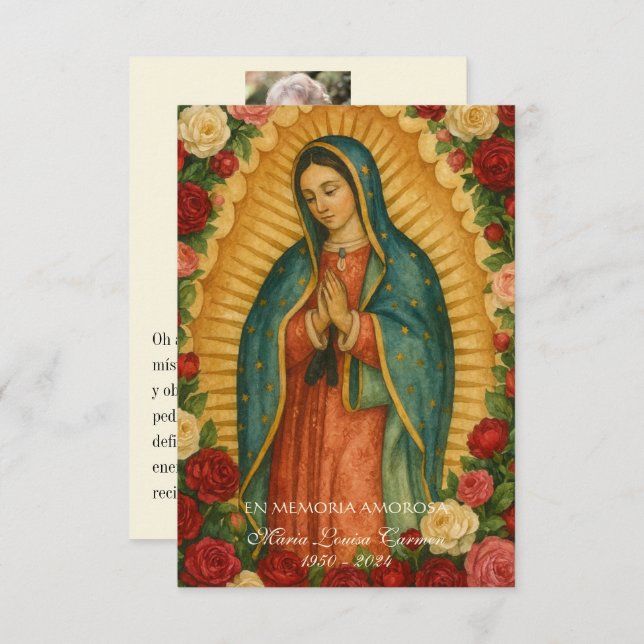 Spanish Guadalupe Photo Funeral Prayer  Holy Card Meddelande (Fram/baksida)