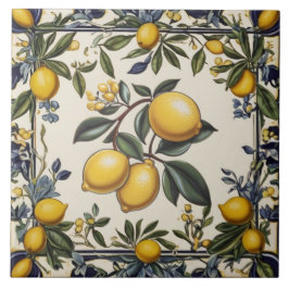 Spanish Lemon Branch Lemons Leaves Blue & White Kakelplatta