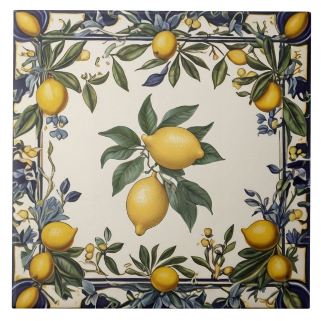 Spanish Lemon Yellow Lemons Vintage Blue & White Kakelplatta (Framsidan)
