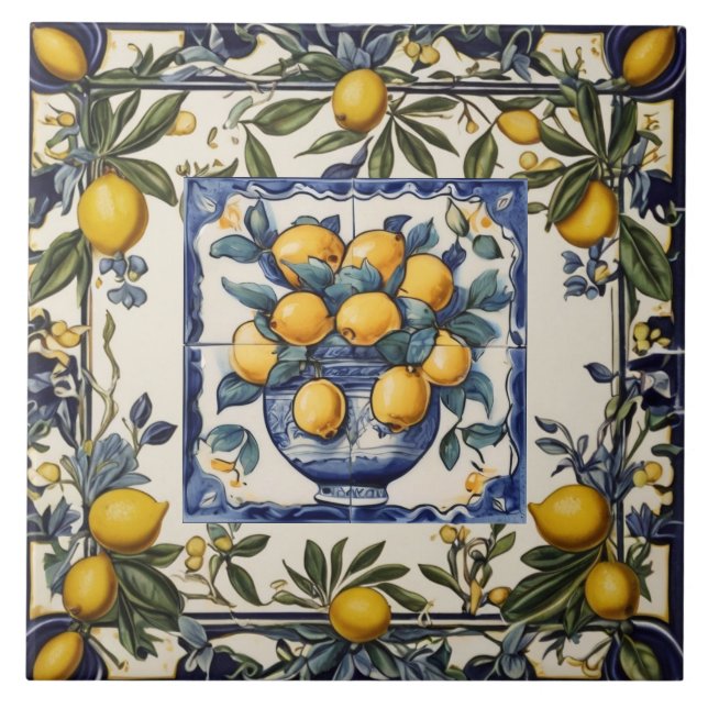 Spanish Lemons in Vase Pot Blue & White Kakelplatta (Framsidan)
