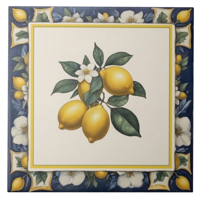 Spanish Lemons on Branch Lemon Leaves Blue & White Kakelplatta (Framsidan)