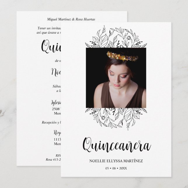 Spanish Luxury Wildflowers Frame Quinceañera Photo Inbjudningar (Fram/baksida)