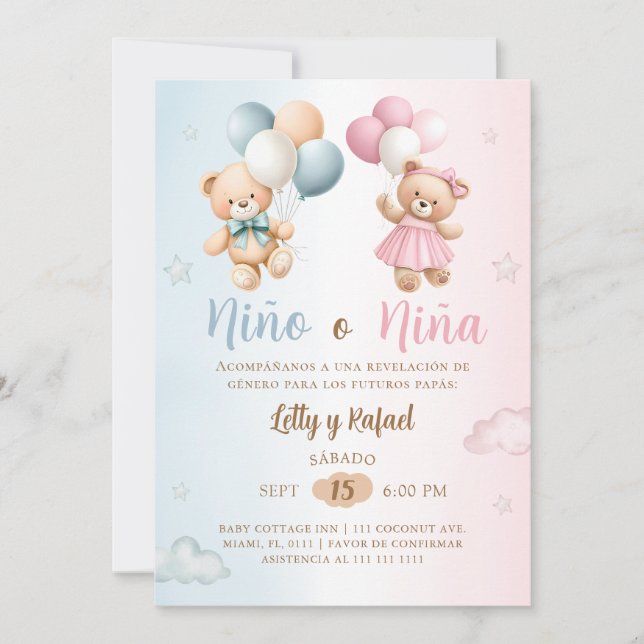 Spanish Nino o Nina Teddy Bear Gender Reveal Inbjudningar (Framsida)