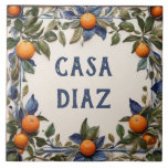 Spanish Oranges Custom House Name Plaque Sign Kakelplatta<br><div class="desc">custom house name plate, personalized house name plaque, personal customized text sign, orange farm casa ceramic tile, mediterranean green citrus oranges fruit, traditional portuguese spanish nature, last family name surname, italian farmhouse home signage, decorative antique rustic farming villa, blue and white vintage art</div>