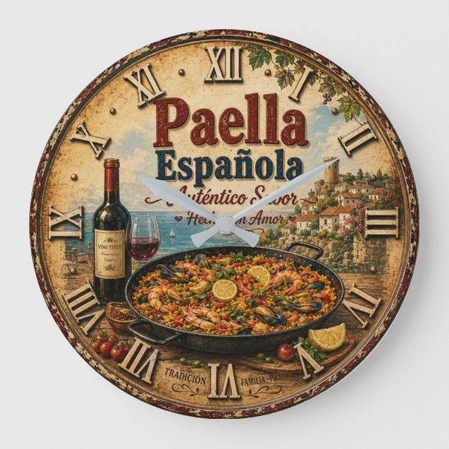 Spanish Paella Rustic Mediterranean Kitchen  Stor Klocka (Framsida)