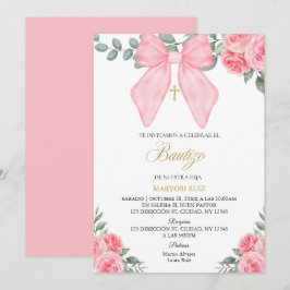 Spanish Pink bow florals girl Baptism Inbjudningar