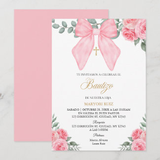 Spanish Pink bow florals girl Baptism Inbjudningar