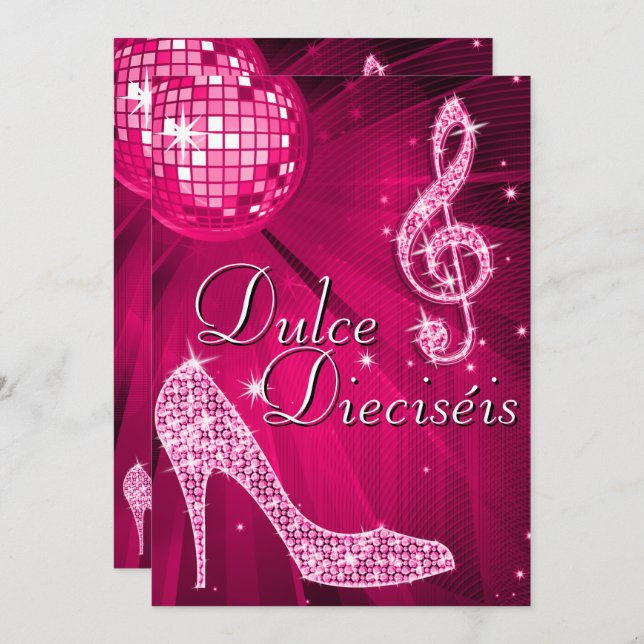 Spanish Pink Disco Ball & Sparkle Heels Sweet 16 Inbjudningar (Fram/baksida)