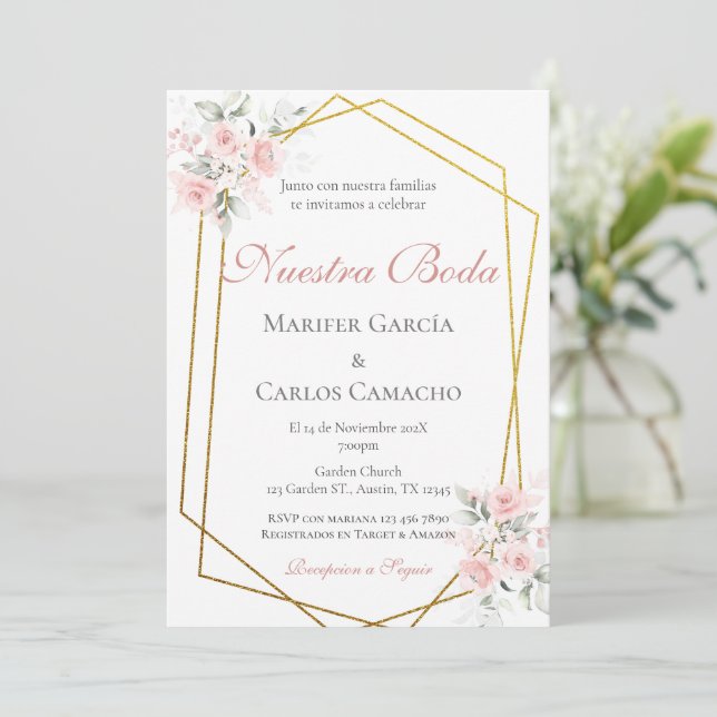 Spanish Pink Floral Wedding invitación boda españo Inbjudningar (Stående Fram)