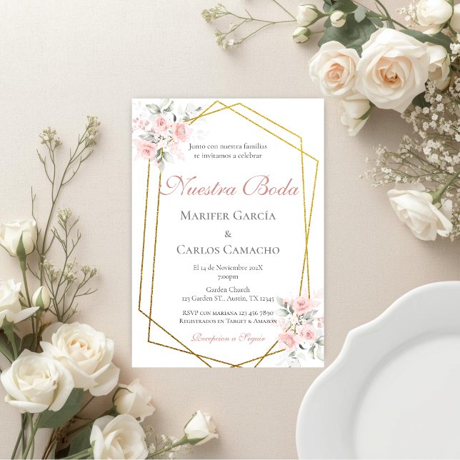 Spanish Pink Floral Wedding invitación boda españo Inbjudningar (Skapare uppladdad)