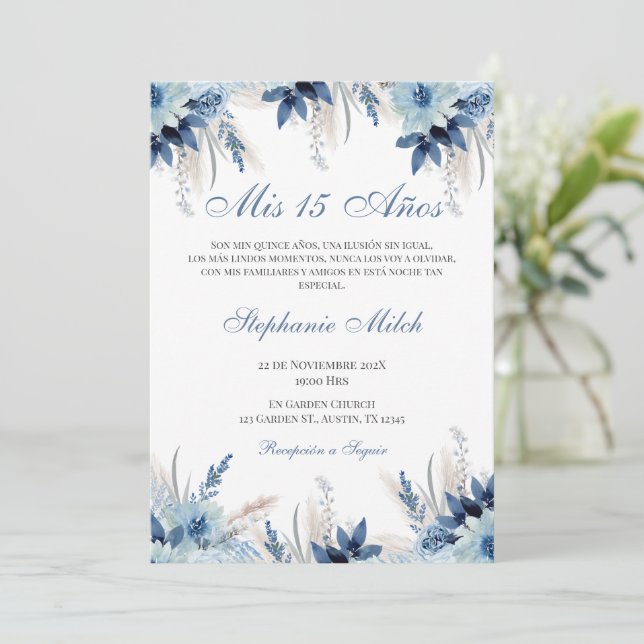 Spanish Quinceanera navy floral invite Inbjudningar (Stående Fram)