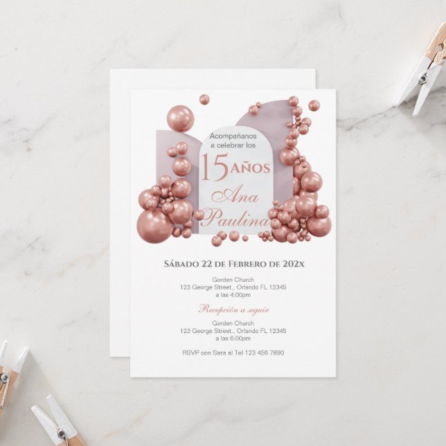 Spanish Quinceañera Pink Balloons Invitation Inbjudningar (Fram/Back In Situ)