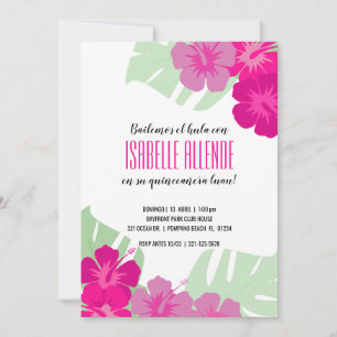 SPANISH quinceañera TROPICAL LUAU rosa blommigt Inbjudningar