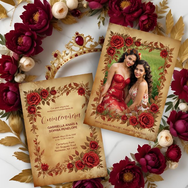 Spanish Quinceañeras Vintage Romantic Photo Inbjudningar (Spanish Quinceañeras Vintage Romantic Photo Red Roses Frame and Gold Shades Invitations Cards.)