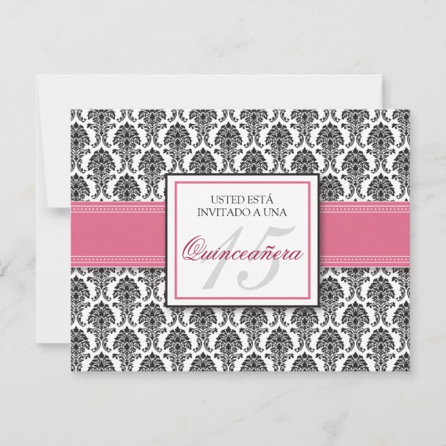 SPANISH Ro Rosa Damask Quinceañera Inbjudan (Framsida)