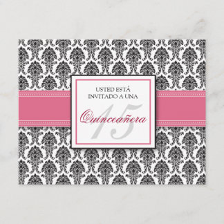 SPANISH Ro Rosa Damask Quinceañera Inbjudan