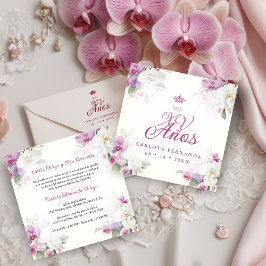Spanish Romantic Mis XV Floral Orchids Bouquets Inbjudningar