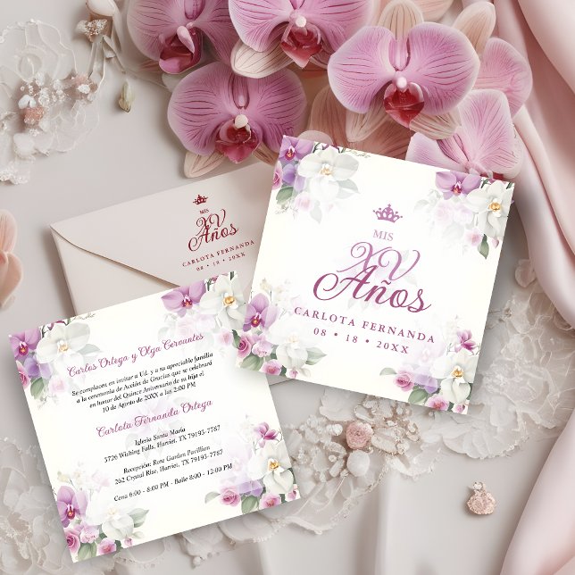 Spanish Romantic Mis XV Floral Orchids Bouquets Inbjudningar (Spanish Romantic Exquisite Floral Orchids Bouquets Mis XV Años Invitation Card. )