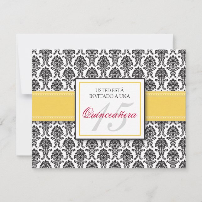 SPANJOLSK gul Damask Quinceañera Inbjudan (Framsida)